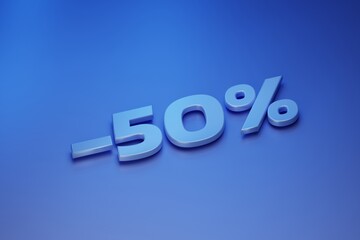 Fifty percent discount on blue background, 3d render