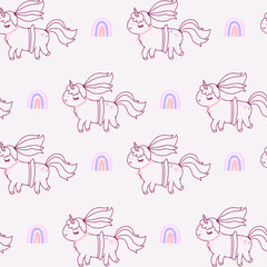 Little cute unicorn with rainbows, abstract, doodle. Pink pastel pattern for paper, baby, scrapbook.