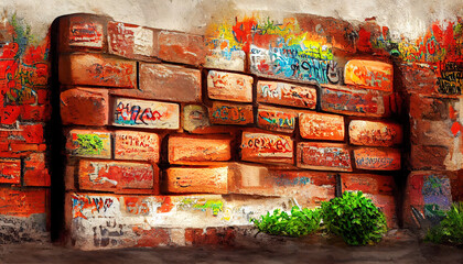 Old brick wall with graffiti.