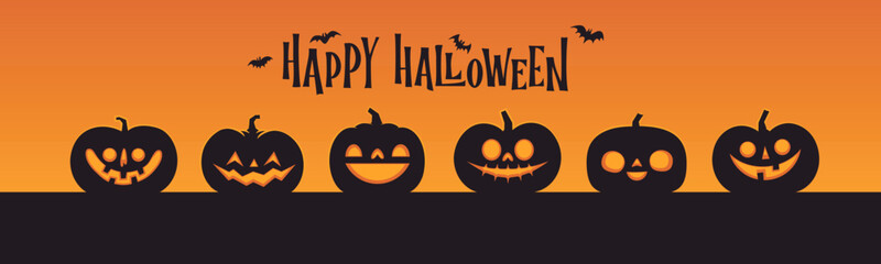 Halloween banner horizontal design with Jack o Lantern carved pumpkins. Simple cartoon spooky design. Trick or treat.