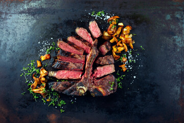 Traditional barbecue dry aged wagyu porterhouse beef steak bistecca alla Fiorentina with...