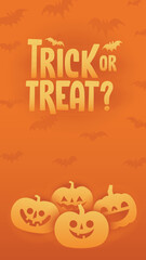 Halloween banner with copy space. Trick or treat lettering sign with bats and carved pumpkins. Cute and funny spooky style.