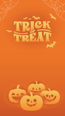 Halloween banner with copy space. Trick or treat lettering sign with bats and carved pumpkins. Cute and funny spooky style.