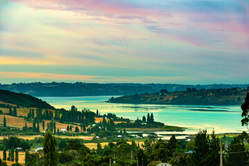 Panoramic view of the meadows in Chiloe island, Chile