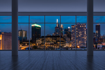 Empty room Interior Skyscrapers View Cityscape. Downtown Philadelphia City Skyline Buildings from High Rise Window. Beautiful Real Estate. Night time. 3d rendering.
