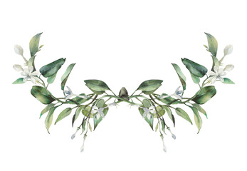Watercolor floral banner: greenery branches decorative element.