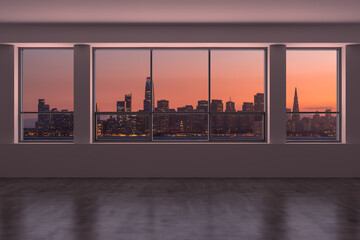 Empty room Interior Skyscrapers View Cityscape. Downtown San Francisco City Skyline Buildings from High Rise Window. Beautiful California Real Estate. Sunset. 3d rendering.