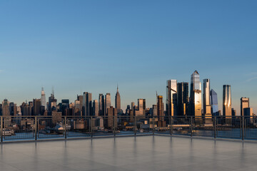 Skyscrapers Cityscape Downtown, New York Skyline Buildings. Beautiful Real Estate. Sunset. Empty rooftop View. Success concept.