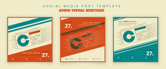 Set of social media post template in vintage background with line art of old video cassette design