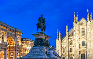 Milano Duomo cathedral and Vittorio Emanuele II gallery at dawn in Milan, Italy - Travel destinations concept