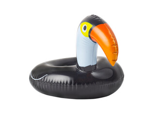 Inflatable toucan cup holder isolated on a white background. Front view. Swimming pool cup holder.