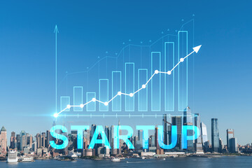 New York City skyline from New Jersey over the Hudson River towards the Hudson Yards at day. Manhattan, Midtown. Startup company, launch project to seek and develop scalable business model, hologram