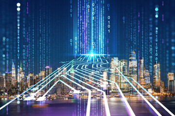 New York City skyline from New Jersey over the Hudson River with Hudson Yards at night. Manhattan, Midtown. Artificial Intelligence concept, hologram. AI, machine learning, neural network, robotics