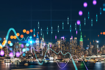 New York City skyline from New Jersey over Hudson River with skyscrapers at night, Manhattan, Midtown, USA. Forex graph hologram. The concept of internet trading, brokerage and fundamental analysis