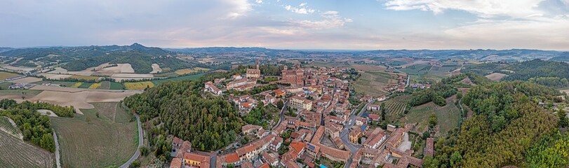 Fototapeta na wymiar Panoramic drone picture of Castello Cereseto in Piedmont in the evening