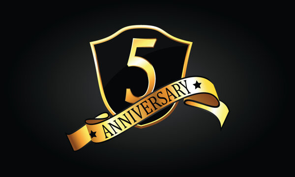 5 year anniversary logo with golden shield and ribbon. Dark elegant concept anniversary. 5th Anniversary celebration background. fifth anniversary banner vector