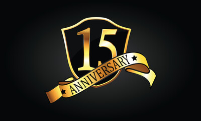 15 year anniversary logo with golden shield and ribbon. Dark elegant concept anniversary. 15th Anniversary celebration background. fifteenth anniversary banner vector