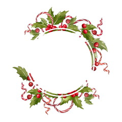 Christmas frame made of mistletoe and ribbon. Festive decoration - 534293686