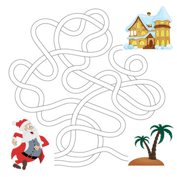 Labyrinth game Santa Claus goes home. New Year. Christmas. Puzzle game for a children's book. Vector flat illustration.