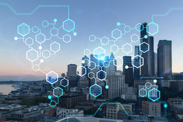 Fototapeta na wymiar Seattle aerial skyline panorama of downtown skyscrapers at sunset, Washington USA. Decentralized economy. Blockchain, cryptography and cryptocurrency concept, hologram