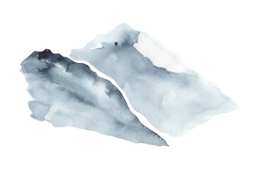 Watercolor line of blue paint, splash, smear, blot, abstraction. Used for a variety of design and decoration. Winter background. Hill, fog mountain