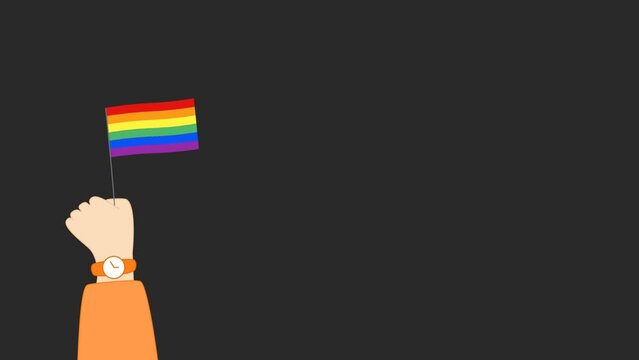 Animation or motion graphics Cartoon hand drawn white woman's hand in an orange sweater appears with the LGBTQ flag on a black background copy space for text