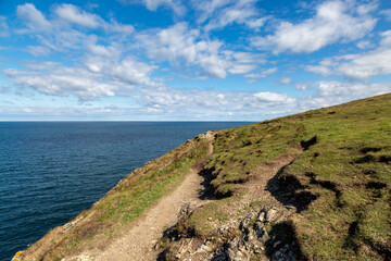 A pathway along the Cornish coast at Godrevy, with a blue sky overhead