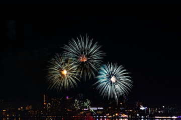 Fototapeta premium fireworks exploding in the night sky over a city. The fireworks are green, blue, and white.