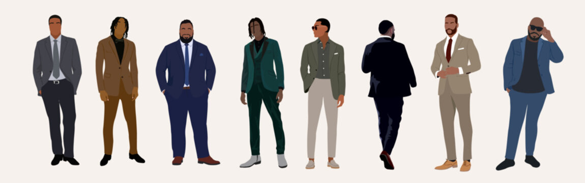 Set of different Businessmen in suits and tuxedo standing, front and back view. Handsome african american men in formal office outfit. Cartoon male characters Vector realistic illustrations isolated.