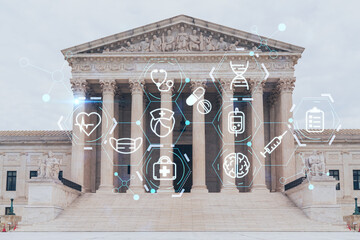 Front view, the iconic building of United States Supreme Court at day time, Washington DC, USA....