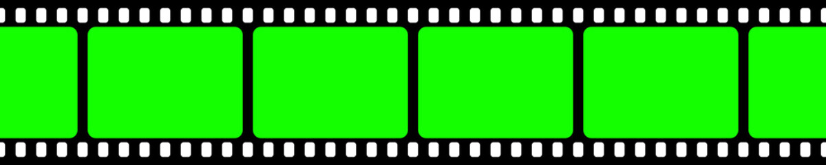 Realistic blank film strip, camera roll. Old retro cinema movie strip with green chroma key background. Analog video recording and photography. Visual effects compositing. Vector illustration