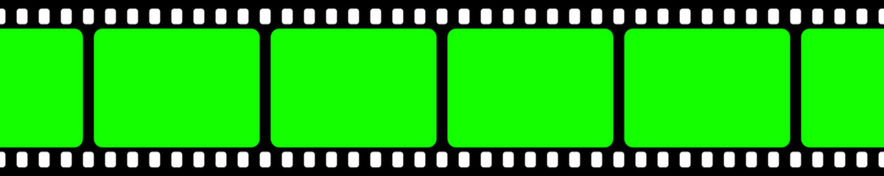 Realistic Blank Film Strip, Camera Roll. Old Retro Cinema Movie Strip With Green Chroma Key Background. Analog Video Recording And Photography. Visual Effects Compositing. Vector Illustration