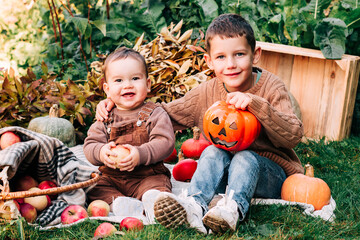 Two cute boys sitting near pumpkins and basket with apples in garden. Kid trick or treating on Halloween. Family time at Thanksgiving and Halloween. Festive season in October. 