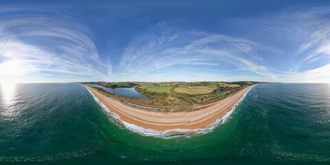 A 360 degree aerial view of the magnificent beach at Slapton Sands in Devon, UK
