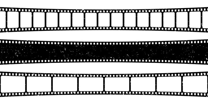 Retro curved film strips collection. Old grunge cinema movie strip. Analog video recording equipment. Vector illustration