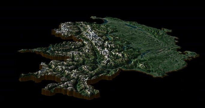 Switzerland map from east to west with 3d relief 4K satellite ground low height