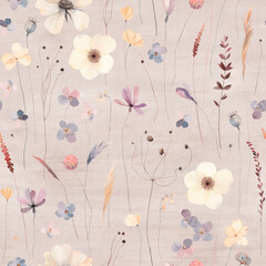 Cute watercolor pattern with flowers. Vintage watercolor textile print. Autumn meadow. Pale beige background.