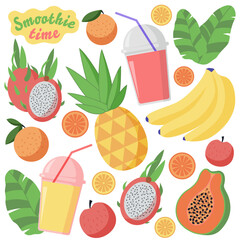 Set of fruits and cups of fresh juice or smoothie. Handmade flat illustration. Sticker pack.