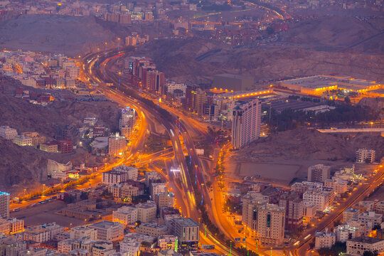 Aerial Shot Of Mecca Streets At Midnight