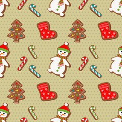 Winter Christmas seamless pattern with gingerbread man and cookies on a light background. Symbols of a Happy New Year and Christmas. Home decorations, gift wrapping paper, covers, fabrics.