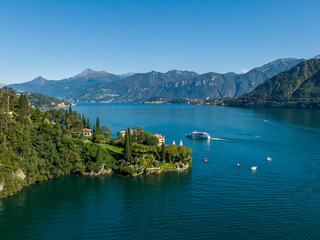 Aerial view of the Villa del Balbianello on the Lake Como