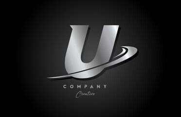 U silver metal grey alphabet letter logo icon design with swoosh. Creative template for company and business