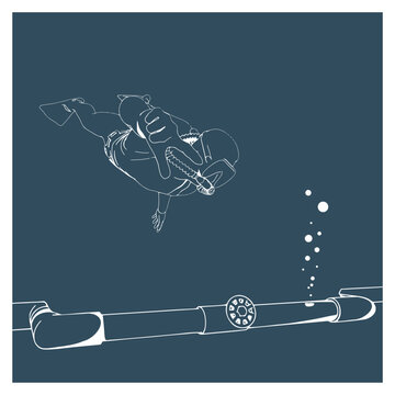 Gas leak. Breakdown pipelines. Danger concept. Silhouette of scuba diver