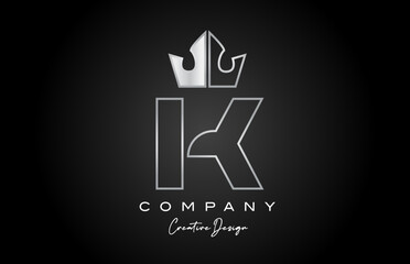 K metal alphabet letter logo icon design. Silver grey creative crown king template for business and company