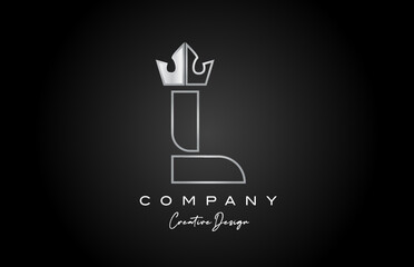 L metal alphabet letter logo icon design. Silver grey creative crown king template for business and company