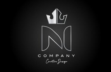 N metal alphabet letter logo icon design. Silver grey creative crown king template for business and company