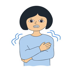 Chill symptom or shaking with cold concept. Sick girl. Chills due to colds, viral diseases.