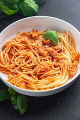 pasta spaghetti tomato sauce chicken meat fresh healthy meal food snack on the table copy space food background 