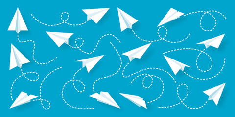 Various realistic white paper planes collection. Handmade origami aircraft with dotted doodle route line. Business concept element, project startup and goal achievement. Vector illustration