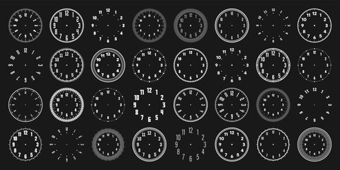 Fototapeta na wymiar Mechanical clock faces with arabic numerals, bezel. White watch dial with minute, hour marks and numbers. Timer or stopwatch element. Blank measuring circle scale with divisions. Vector illustration